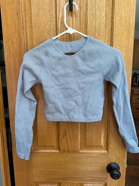 Ribbed Crop Tank Top with Keyhole Back in Soft Gray-Blue